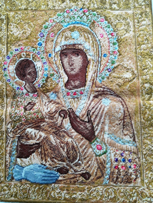 Ръчно ушит двулицев гоблен „Богородица троеручица