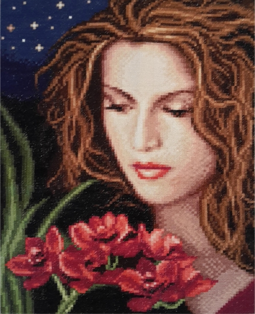 Cross-stitch Girl with orchids