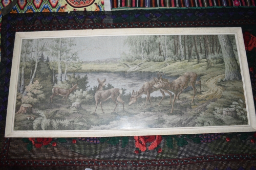 Cross-stitch deer by the river