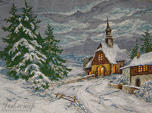 Cross-stitch Forest chapel in the winter/paraklisat