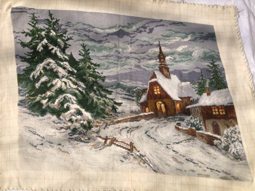 Cross-stitch Forest Chapel in winter
