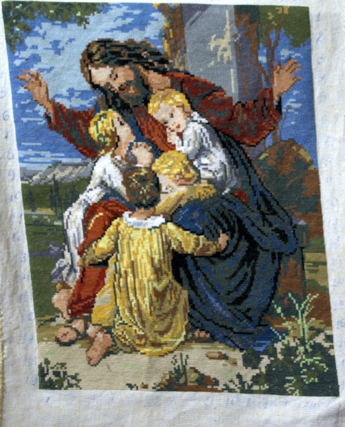 Cross-stitch Jesus with children
