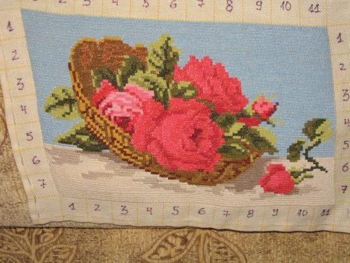 Cross-stitch basket with red roses