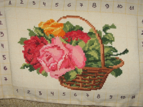 Cross-stitch basket with colorful roses