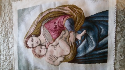 Cross-stitch Virgin Mary with baby Jesus
